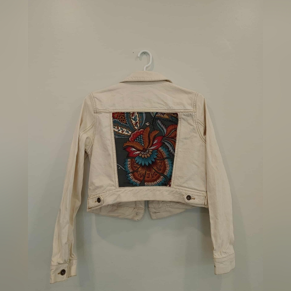 Upcycled Handmade Floral Patch Toms Cream Jean Jacket